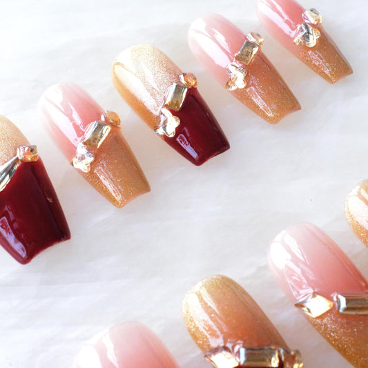 GLORS Press on Nails, Red Cat Eye False Nails with Gold Glitter, long ballerina Shape, 10 Pieces (Small, LC)