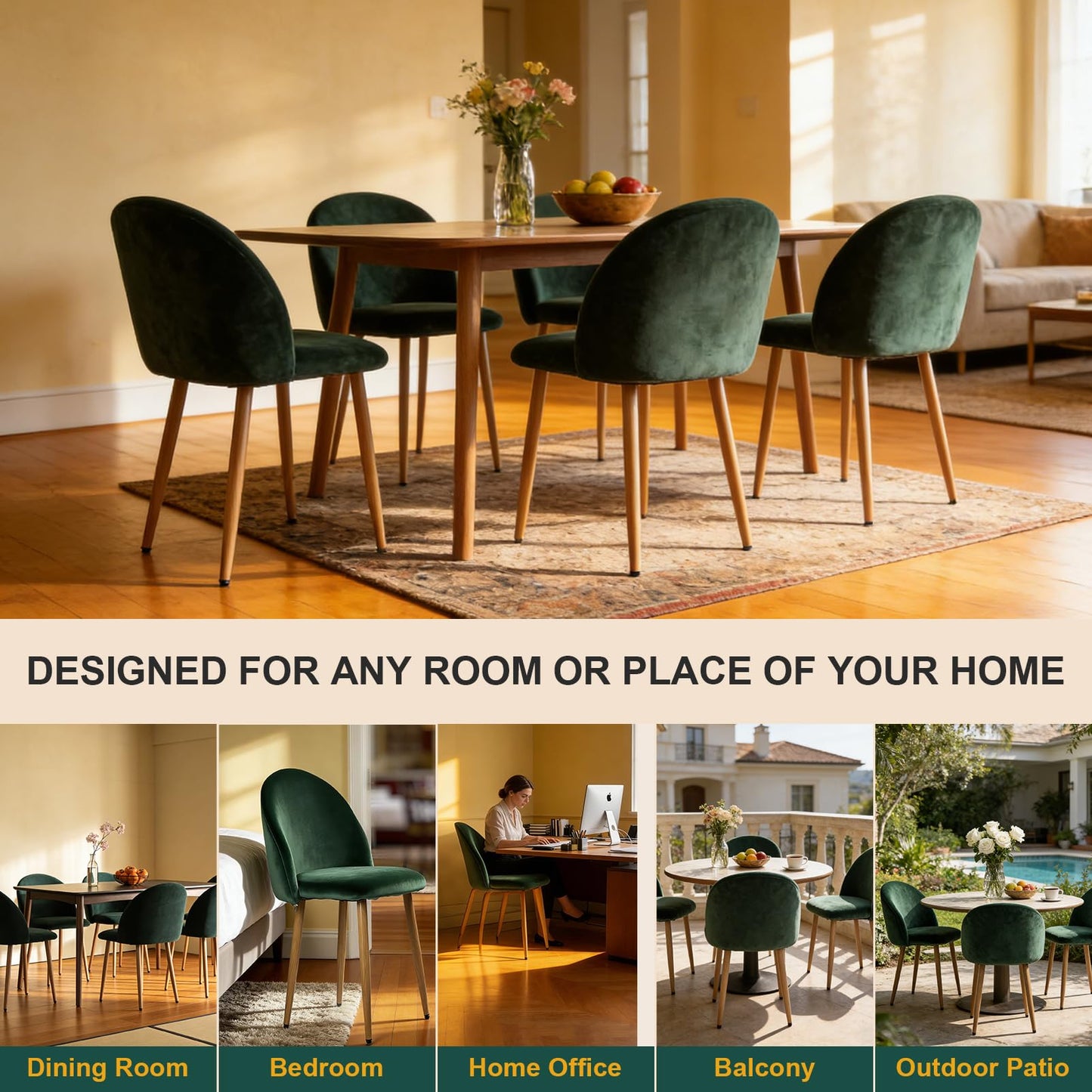 Lightdot Dining Chairs Set of 2, Velvet Comfortable Seats, Mid-Century Modern Living Room Chairs, Upholstered Kitchen Chairs with Wooden Legs and Padded Seat for Bedroom Office - Dark Green