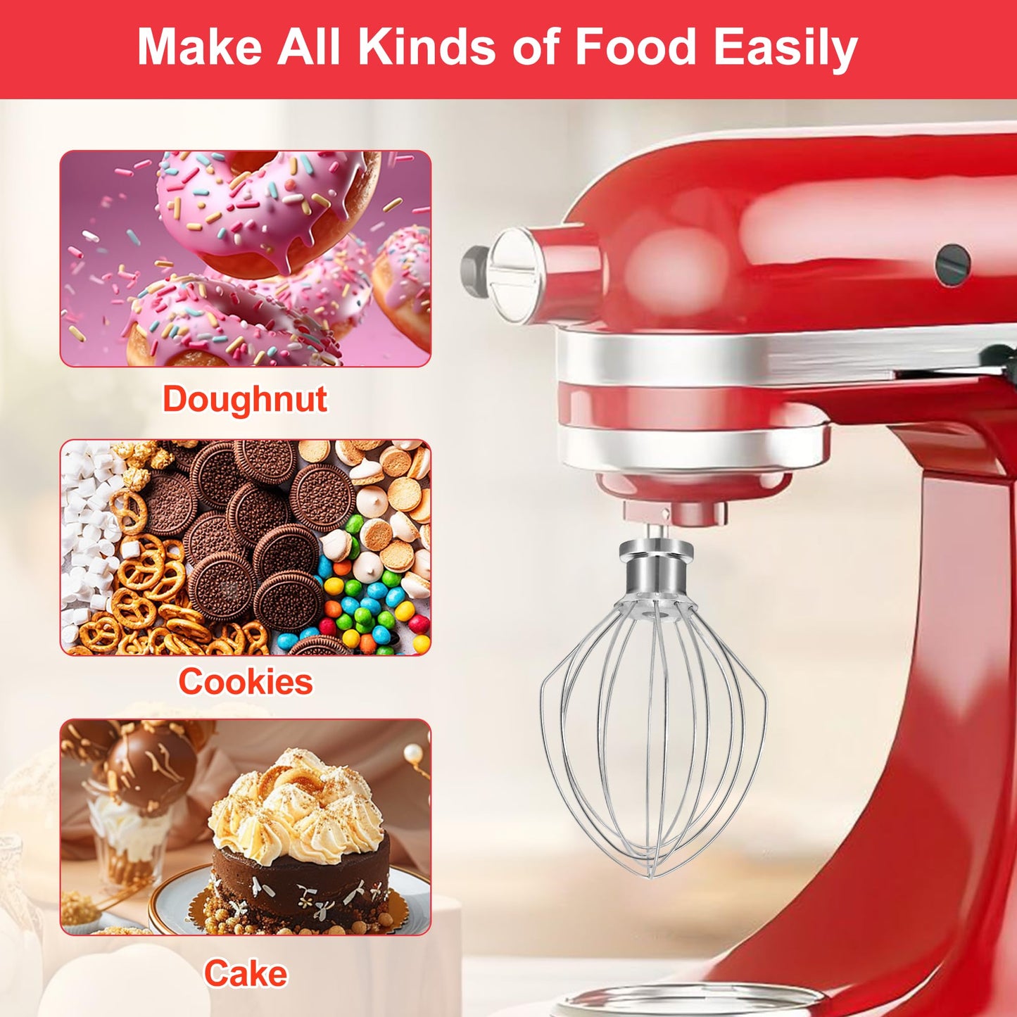 K5A Stainless Steel Whisk for KitchenAid 5Qt Bowl Lift Stand Mixer，6 Wire Whip Attachment for K4 K5 K5SS, KSM5, KG25, KP50, KSM6573, KSM6521, 18/8 Stainless Steel，Heavy Duty，Dishwasher Safe