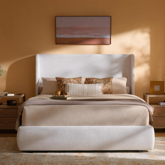 RECCI King Upholstered Wingback Bed Frame, 52” Tall Cushioned Headboard, Soft Edges, Low Profile Platform Bed, Sturdy Wood Slats, No Box Spring Needed, Ivory White Canvas