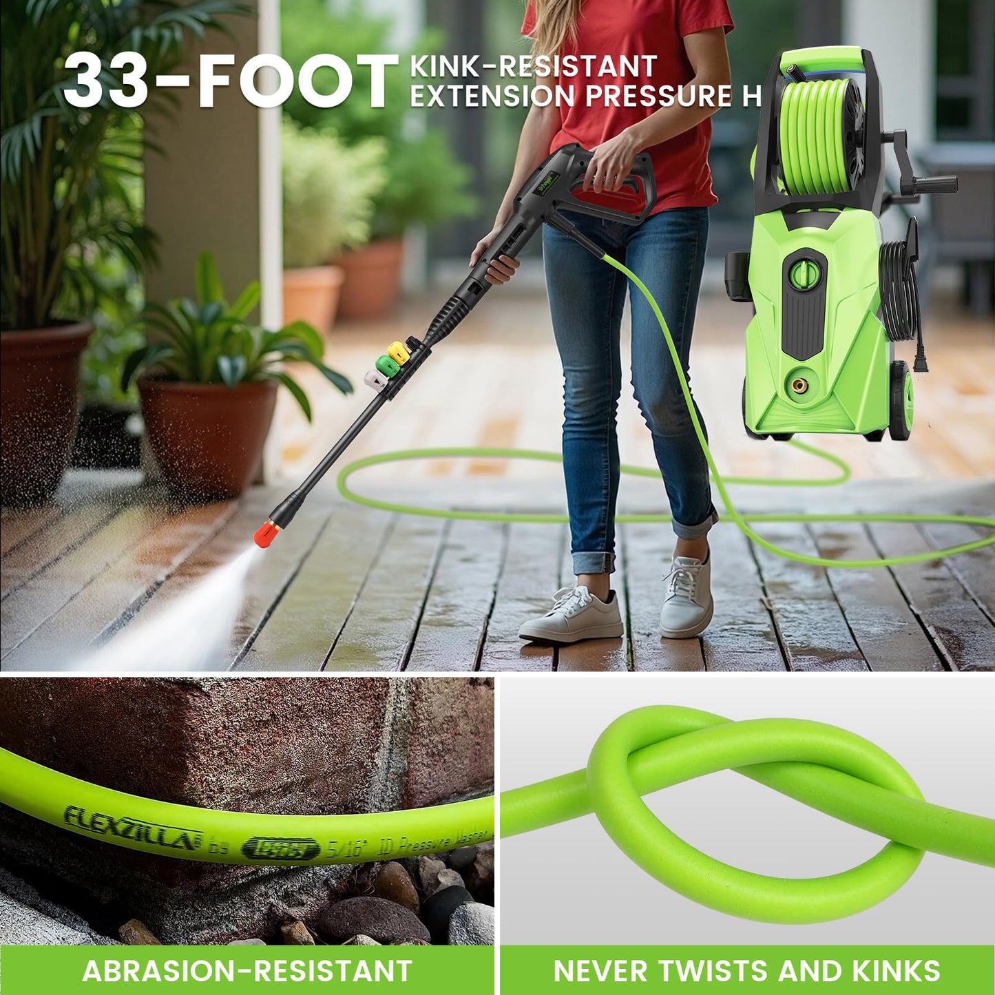 Commowner Pressure Washer 5001PSI Power Washers Powered with 33ft Pressure Hose, 4 Nozzle and Foam Cannon, powerwashers for Home, Cars, Fences, Patio, Green
