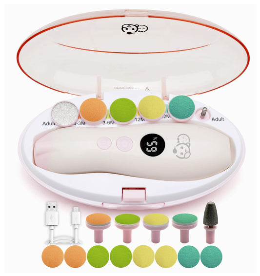 Royal Angels Rechargeable 22 in 1 Baby Nail Trimmer with LCD Display, Labeled Case, 13 Extra Pads, Safe Quiet LED Light Electric Baby Nail File Kit for Newborns Toddlers (WhitePink)