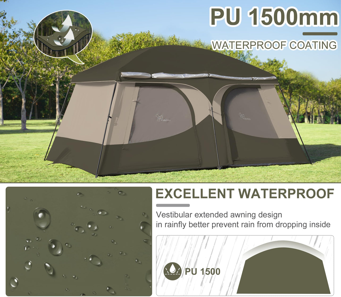 Vidalido Tents，8-10 Person Camping Tent with Extended Vestibule，2 Room Weather Resistant Family Tents，Easy Install Waterproof Outdoor Tent for Camping Hiking（Green）