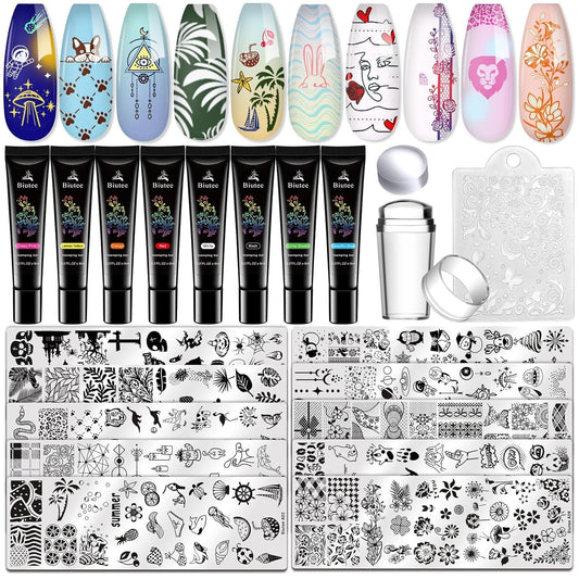Biutee Gel Nail Stamping Kit with 8 Colors Nail Stamping Polish Gel Nail Stamping Plates 10PCS Nail Stamp Plates Nail Stamper Starry Sky Lace Flower Leaves Animal Nail Stamping Kit Nail Design