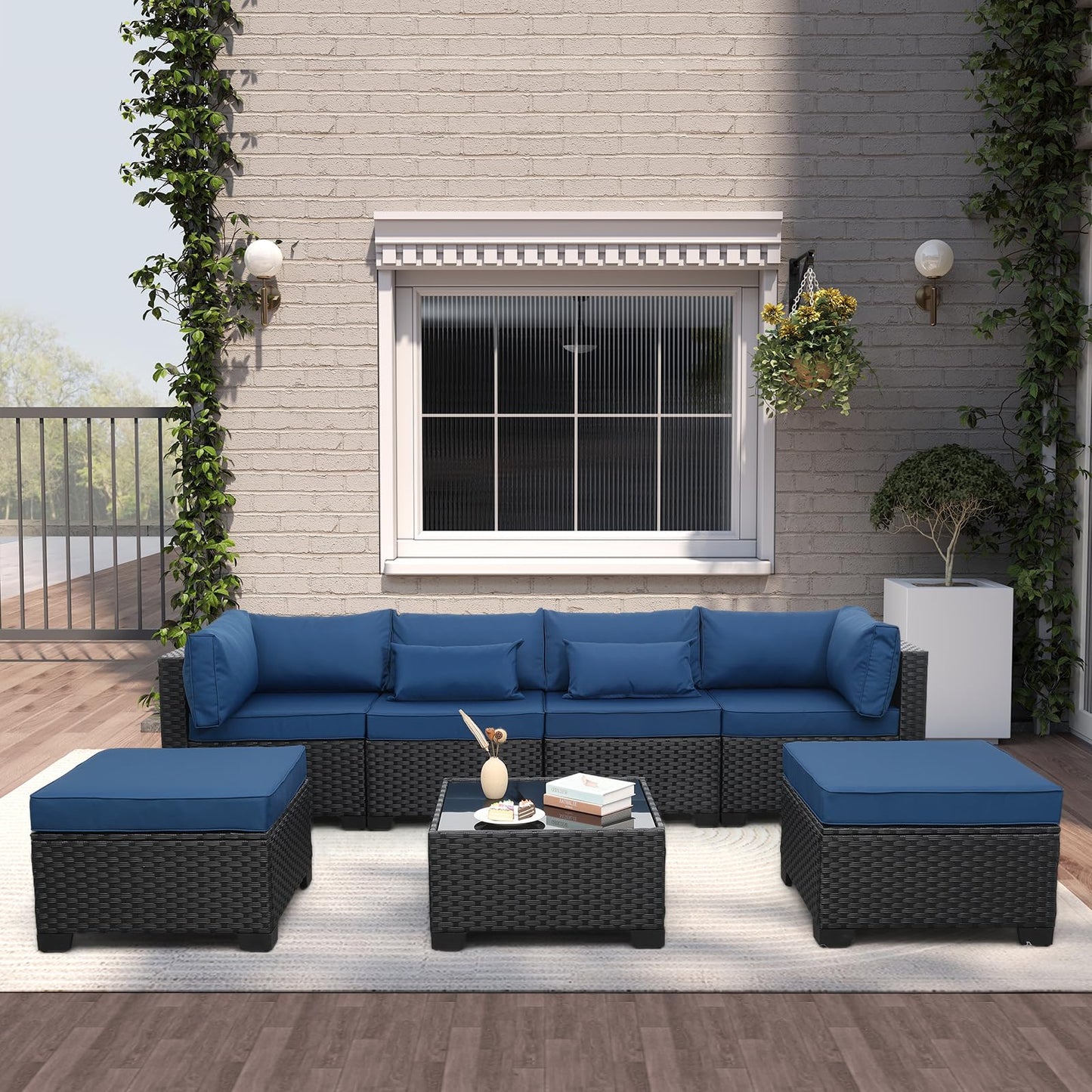 Lviden 7 Pieces Outdoor PE Wicker Furniture Set Patio Rattan Sectional Conversation Sofa Set with Navy Blue Cushions and Glass Top Table