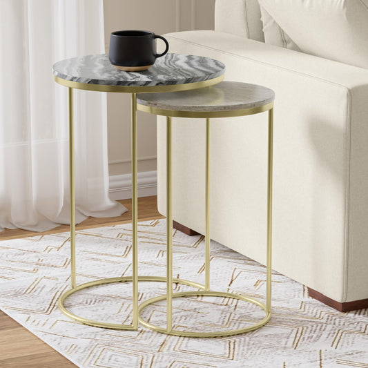 SIMPLIHOME Ashley Nesting Tables Set – 16 inch Wide Genuine Marble Top Metal Accent Tables in Gold, Round Industrial End Tables for Living Room or Bedroom with Compact Design, Assembled
