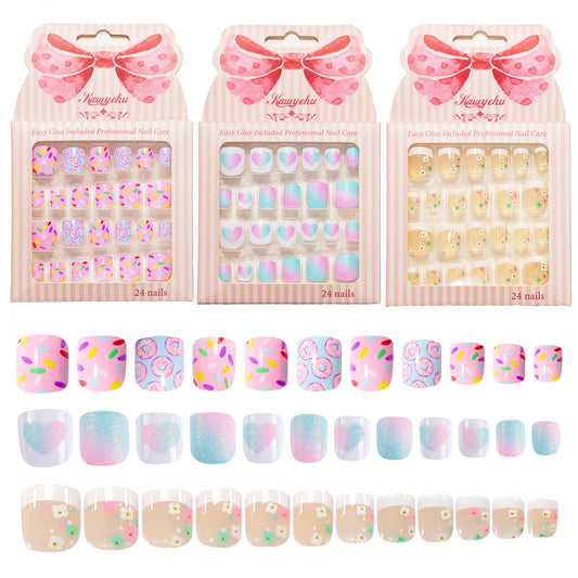 Kawyehu Kids Press on Nails Children Fake Nails 72PCS Artificial Nail Tips Adhesive Full Cover Short False Fingernails for Girls Kids Nail Decoration (French Donut Heart)