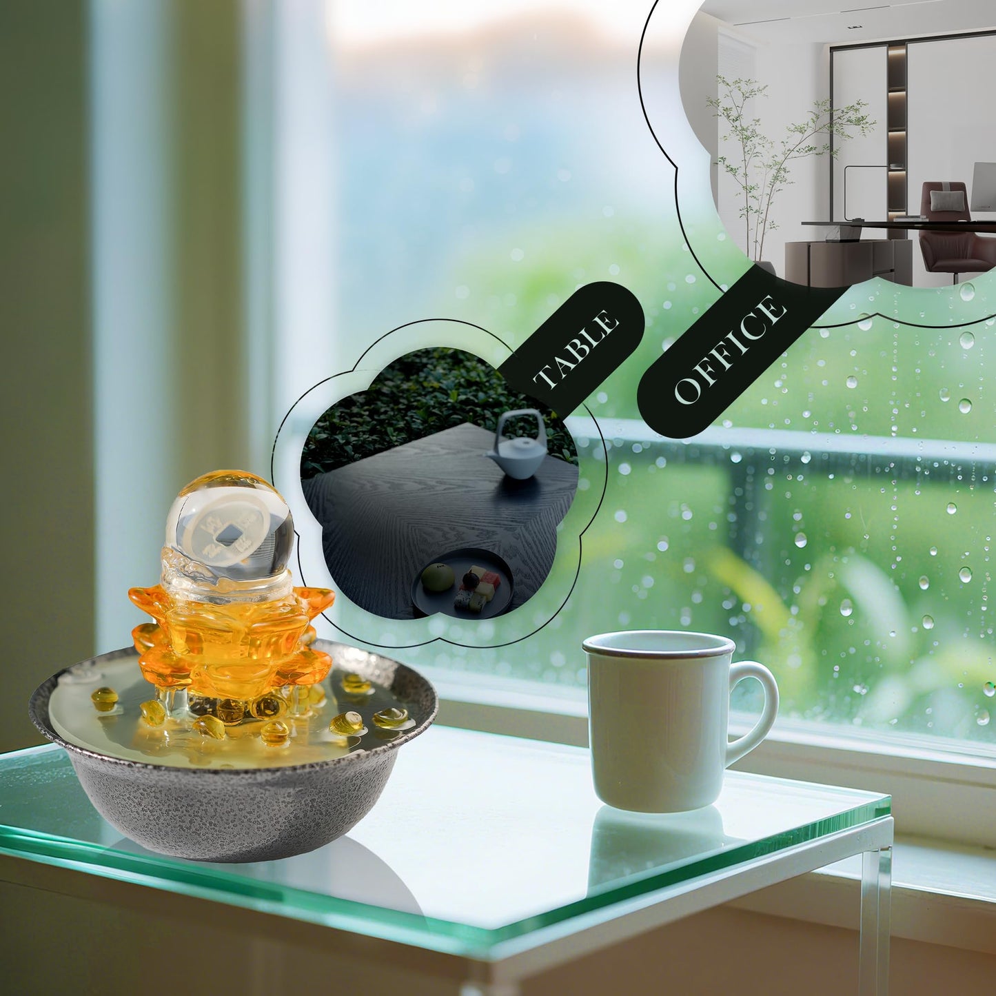 Tabletop Fountain, Waterfall Fountain Indoor, Treasures Shape Fountain Decor, Zen Relaxation Table Fountain,Glass Desktop Fountain for Living Study Room, Tea Room, Office, Yoga Room, Beauty Club