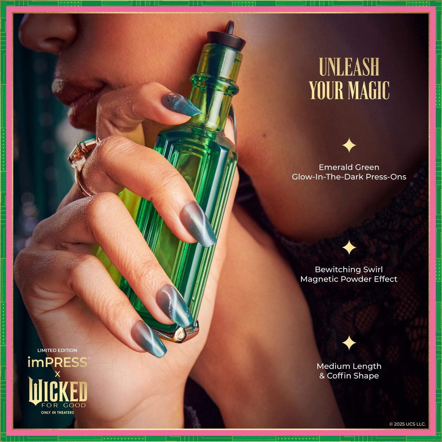Impress X WICKED: FOR GOOD Press On Nails, ‘Unleash Your Magic’, Green, Medium Coffin, New Improved Adhesive, Up To 10 Day Hold, Includes 30 Fake Nails, 1 Prep Pad, 1 Manicure Stick, 1 Mini File