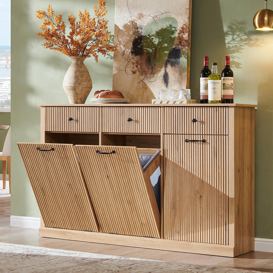 IFGET Triple Tilt Out Trash Can Cabinet, Modern Fluted Laundry Hamper Cabinet with 3 Drawers, 20 Gallon Hidden Wooden Garbage Can Cabinet w/Storage Basket & Adjustable Shelf, for Kitchen, Natural Oak