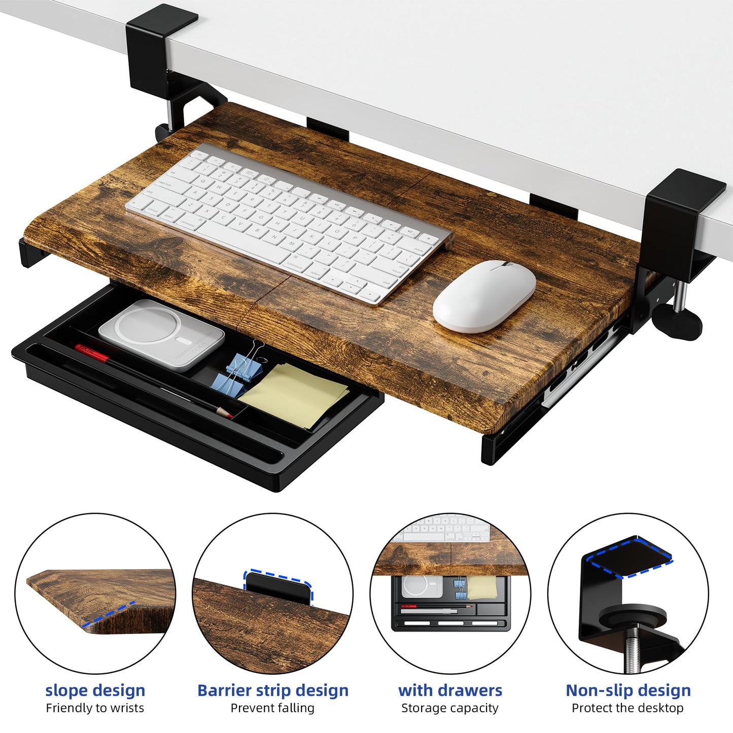 ETHU Keyboard Tray Under Desk, 19.7" X 12.2" Small Size C Clamp Keyboard Drawer Under Desk, Computer Keyboard Stand Slide Pull Out, Ergonomic Keyboard Tray for Home, Office (Wood)