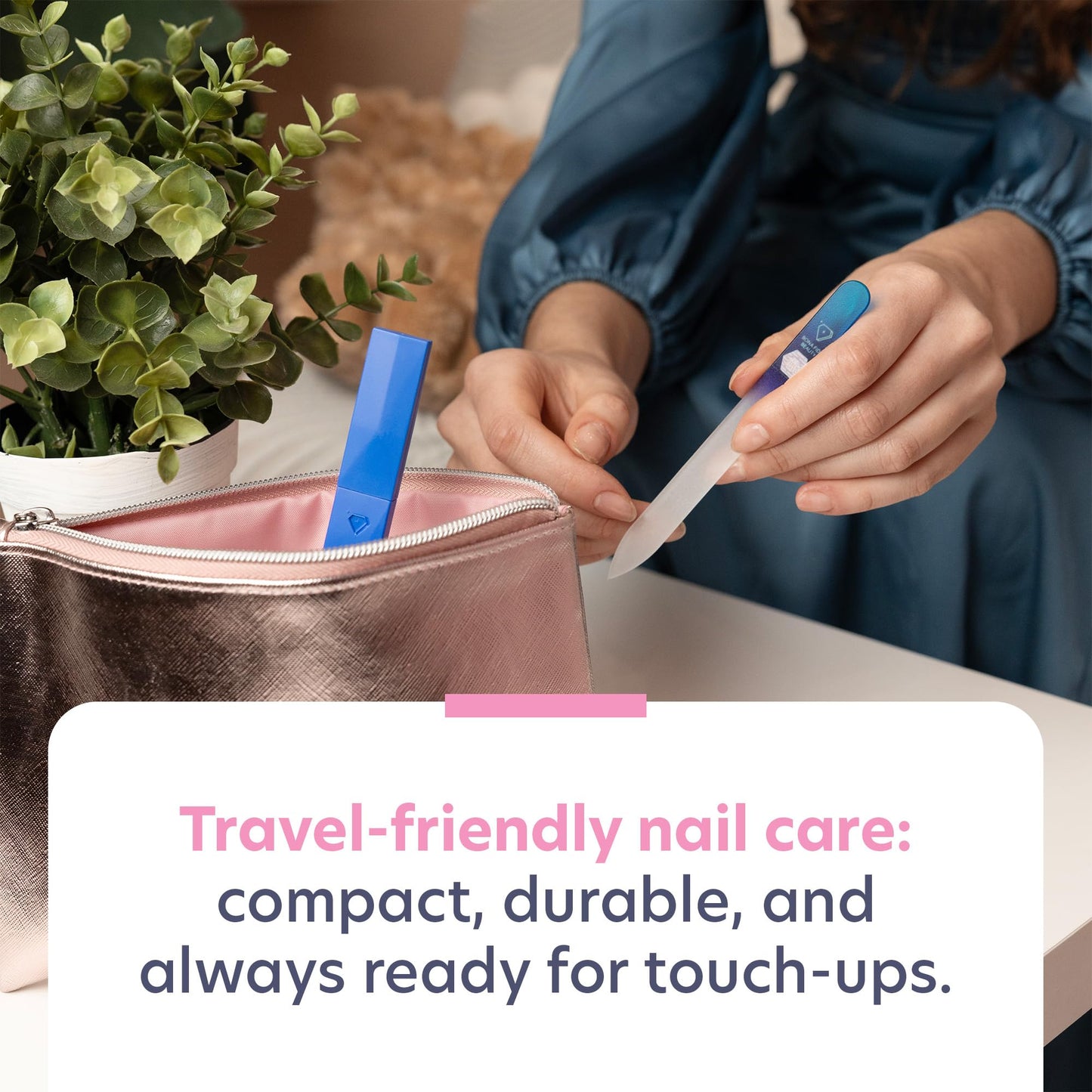 Bona Fide Beauty Glass Nail File with Case, Aqua Cobalt Czech Glass Fingernail Files Handcrafted from the EU. Ideal Nail Care Tool for Natural Nails.