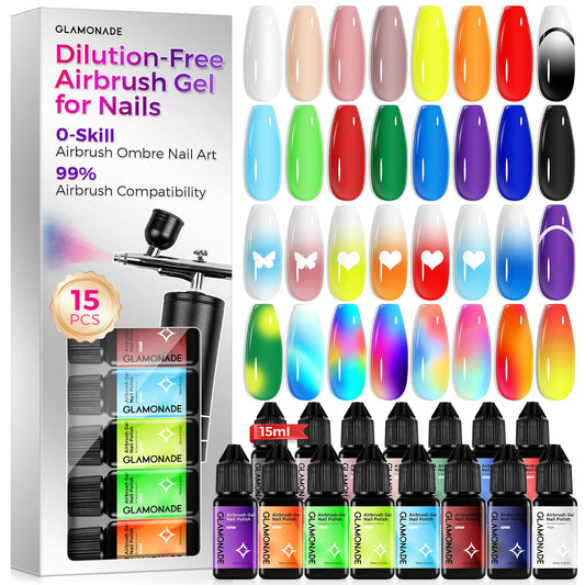 Glamonade Airbrush Gel Nail Polish: 15 Colors Kit No Clogging No Dilution Smooth Spray High Pigment for Ombre French Nail Art Airbrush Nail Paint Beginner Friendly