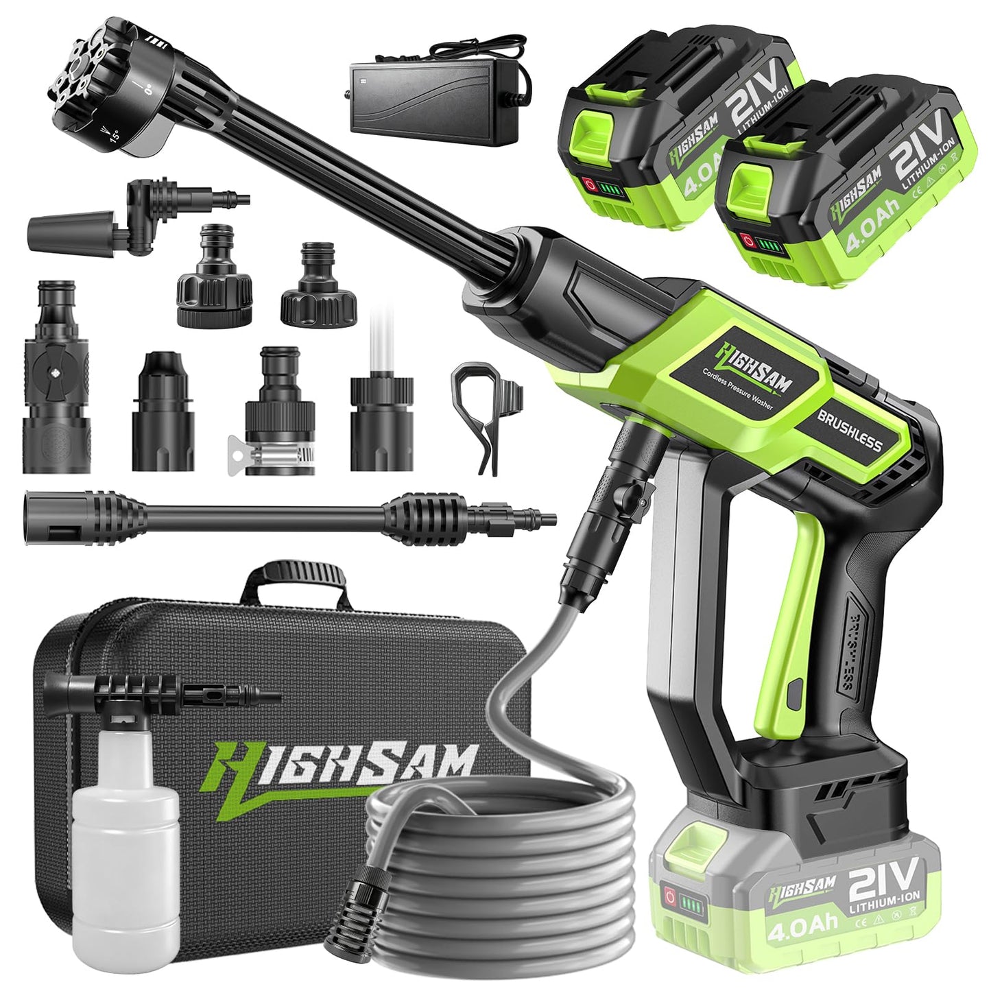 Cordless Pressure Washer 1500PSI 2.6GPM 400W Brushless Motor,Portable Electric Power Washer, 2 Batteries, Fast Charger, 6-in-1 Nozzle, Extension Rod, 16.4FT Hose & Storage Case for Car Home Cleaning