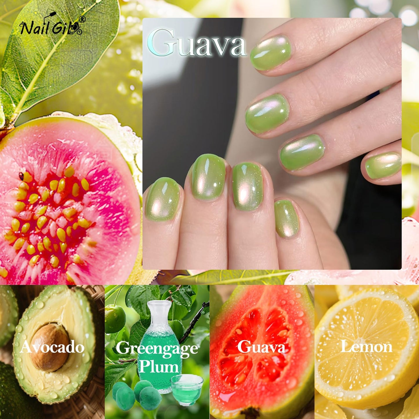 NAILGIL Cat Eye Gel Nail Polish Set, 8 Colors Fruit Catseye Magnetic Neon Gel Sweet Guava Greengage Plum Avocado Lemon Orange Pitaya Grape Blueberry Salon Summer Manicure DIY for Women