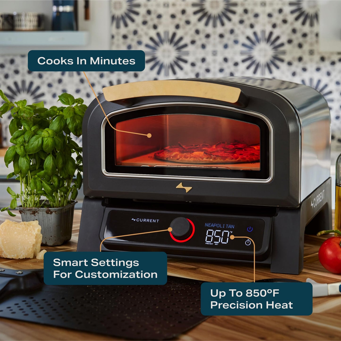 Current® Model P Smart Electric Pizza Oven, 12-Inch, 850°F Max, 8 Cooking Modes, App Connectivity for Temperature Monitoring & Custom Cooking Times, Compact for Indoor & Outdoor Use, Dark Gray