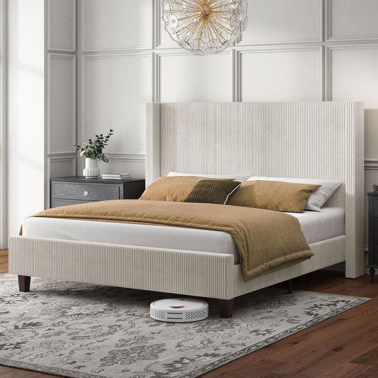 HOWE California King Bed Frame with 50.8" Tall Wingback Headboard, Modern Corduroy Upholstered Platform Bed Frame with Solid Wood Slats & Legs, No Box Spring Needed, Noise-Reducing Design, Cream