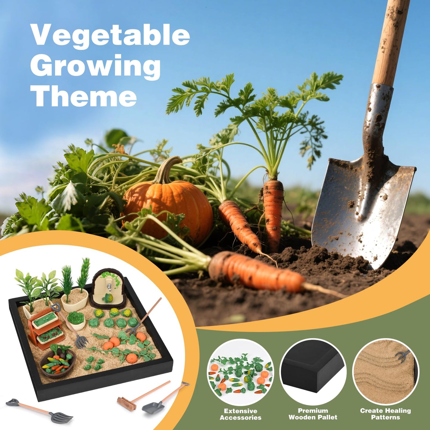 Dreamon Zen Garden for Desk, Mini Veggie Zen Sand Garden for Sandbox with Vegetable, Plants and Gardening Tools, Sand Tray Therapy Kit with 56 Accessories, Fidget Stress Relief Toys Novelty Gift Idea