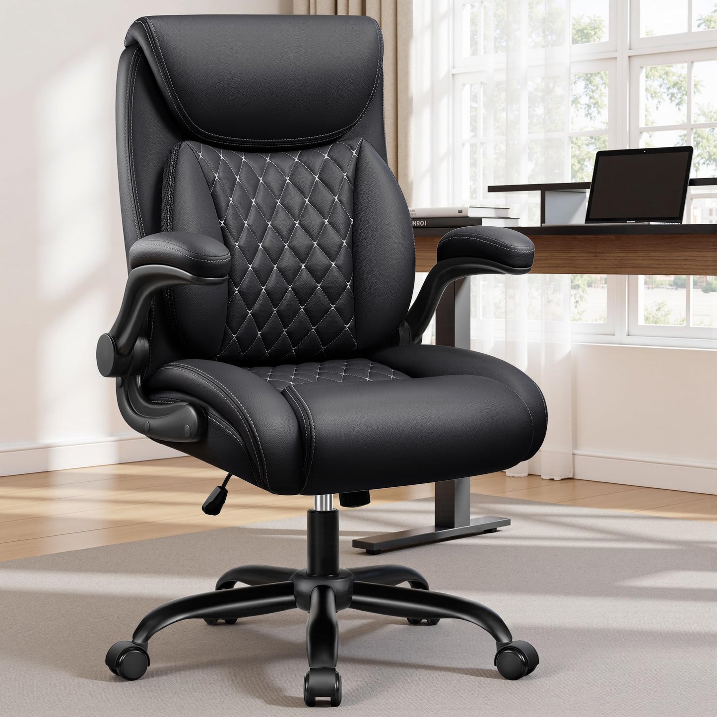 BESTFAIR Office Chair,Ergonomic Office Chair with Lumbar Support for Lower Back Pain Relief, Executive Leather Chair with Padded Flip-up Arms, Wheels and Adjustable Armrests, Black