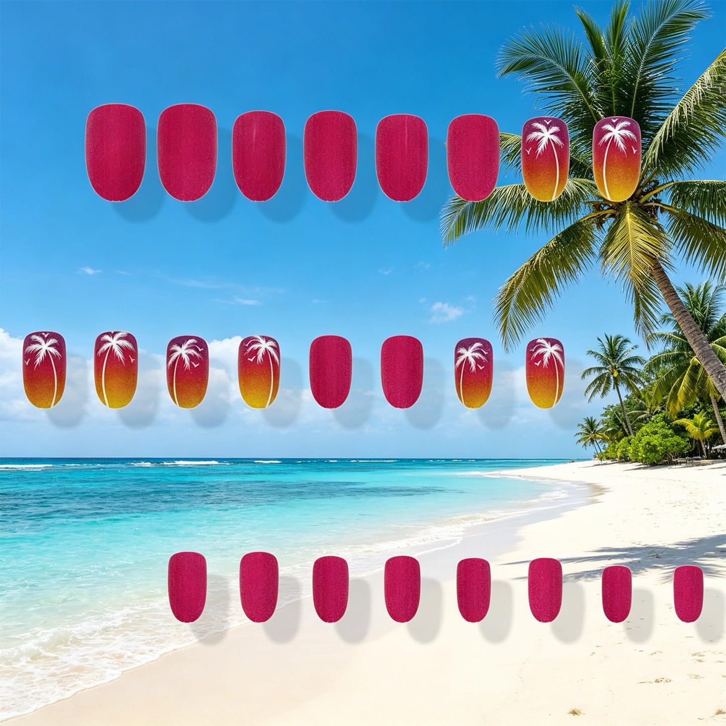 Palm Tree Press on Nails With Sunset Ocean Design, Medium Oval False Nails, Matte Pink Ombre Fake Nail Coconut Glue on Nail, Beach Stick on Reusable Acrylic Fingernails for Women Summer Daily Wear