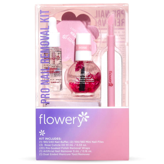 Flowery Pro Artificial Nail Removal Kit – Gel Nail Polish Remover Kit with Rose Cuticle Oil, Buffer, Mini Files, & Pre-Soaked Polish Wraps, DIY Manicure Set