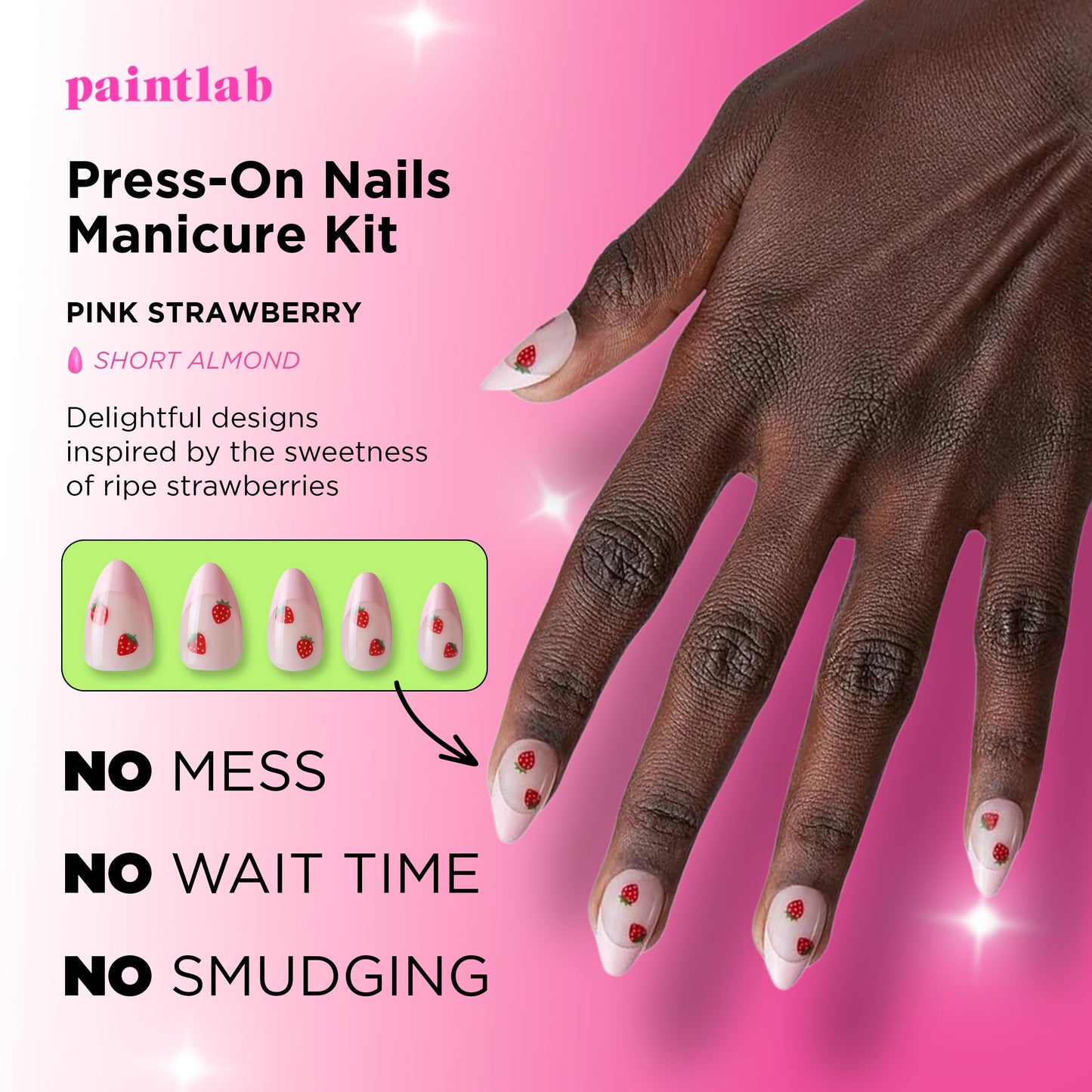 PaintLab Press On Nails - Pink Strawberry Short Almond Fake Nails, 30 Nails in 15 Sizes with Glue, Reusable Salon Quality Press On Nails
