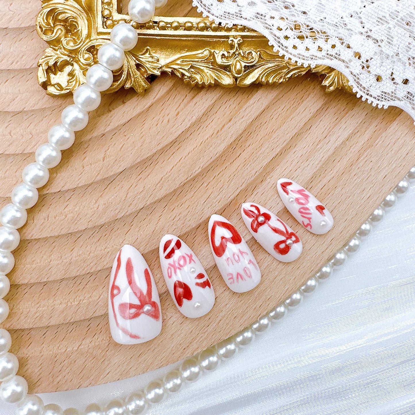 24Pcs Valentines Press on Nails Medium Almond Fake Nails with Pearl Love Heart False Nails Romantic Bow Acrylic Nail Kit Valentine Red Lips Full Cover Stick on Nails for Women Nail Design Supplies