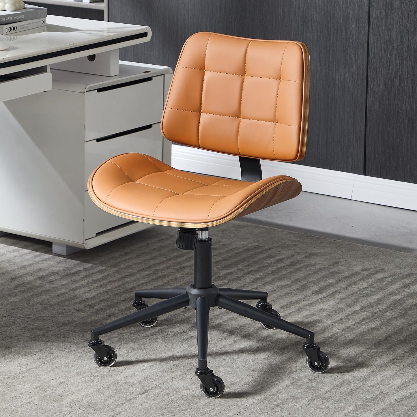 BERYTH Home Office Desk Chair with Wheels, Adjustable Height Armless Office Chair, PU Leather Mid Back 360° Small Computer Chair, Modern Walnut Chair No Arms for Office, Reading Meeting Room(Brown)