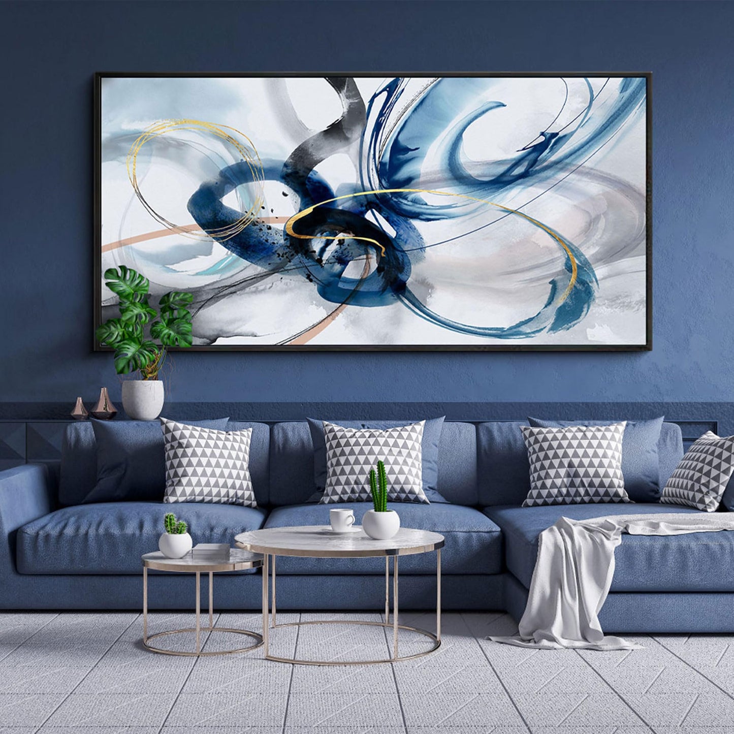 KLAKLA Large Wall Art for Living Room - Abstract Wall Decor Framed Picture Artwork for Wall Decorative Paintings Blue and White Modern Office Bedroom Art