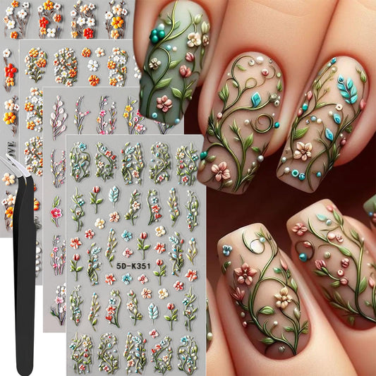 4 Sheets Elegant Spring Flower Nail Stickers for Nail Art Green Vine Leaf Nail Art Stickers with Tweezers Colorful Petal 5D Embossed Autumn Daisy Floral Nail Decals for Women Nails Decoration