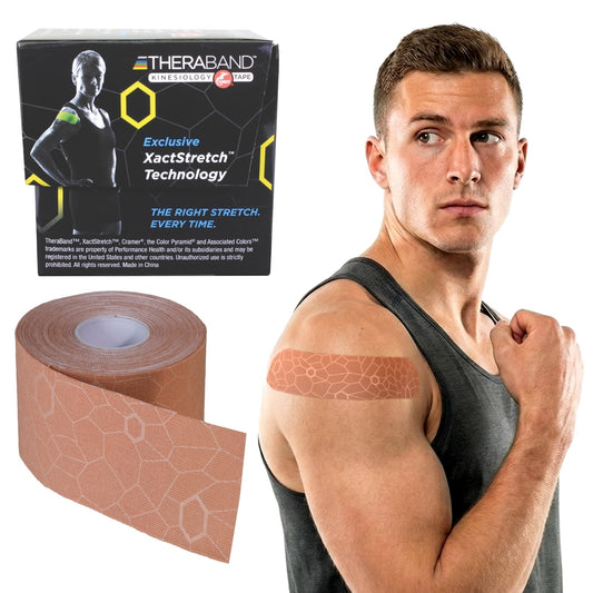 THERABAND Kinesiology Tape, Waterproof Physio Tape for Muscle & Joint Support, Standard Roll with XactStretch Application Indicators, 2 Inch x 16.4 Foot Roll, Beige/Beige