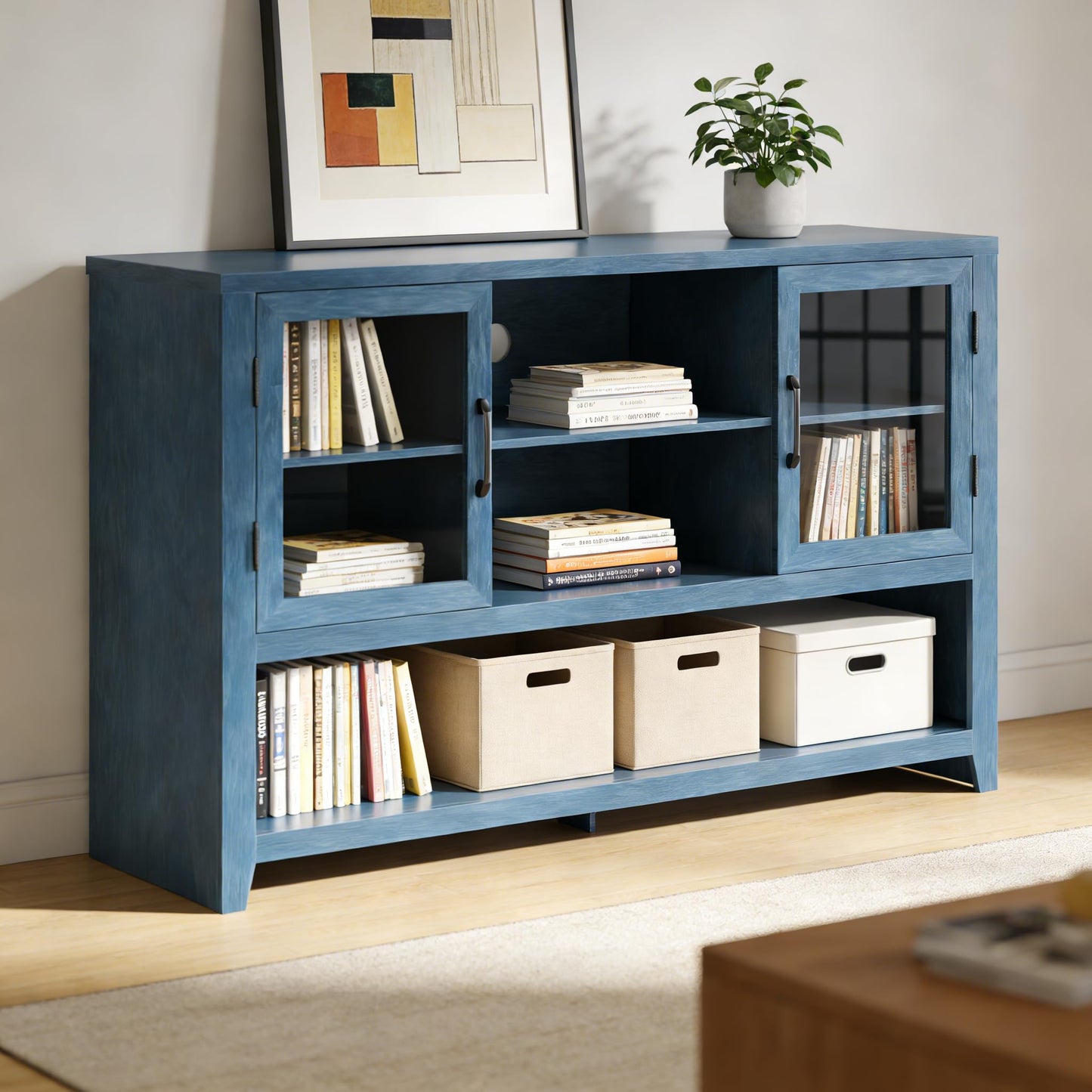 Garvee 53" Kitchen Buffet Sideboard Cabinet - Coffee Bar Table with 2 Glass Doors and 3 Shelves, Modern Storage Cabinet for Living Room, Entryway, Dining Room, Blue