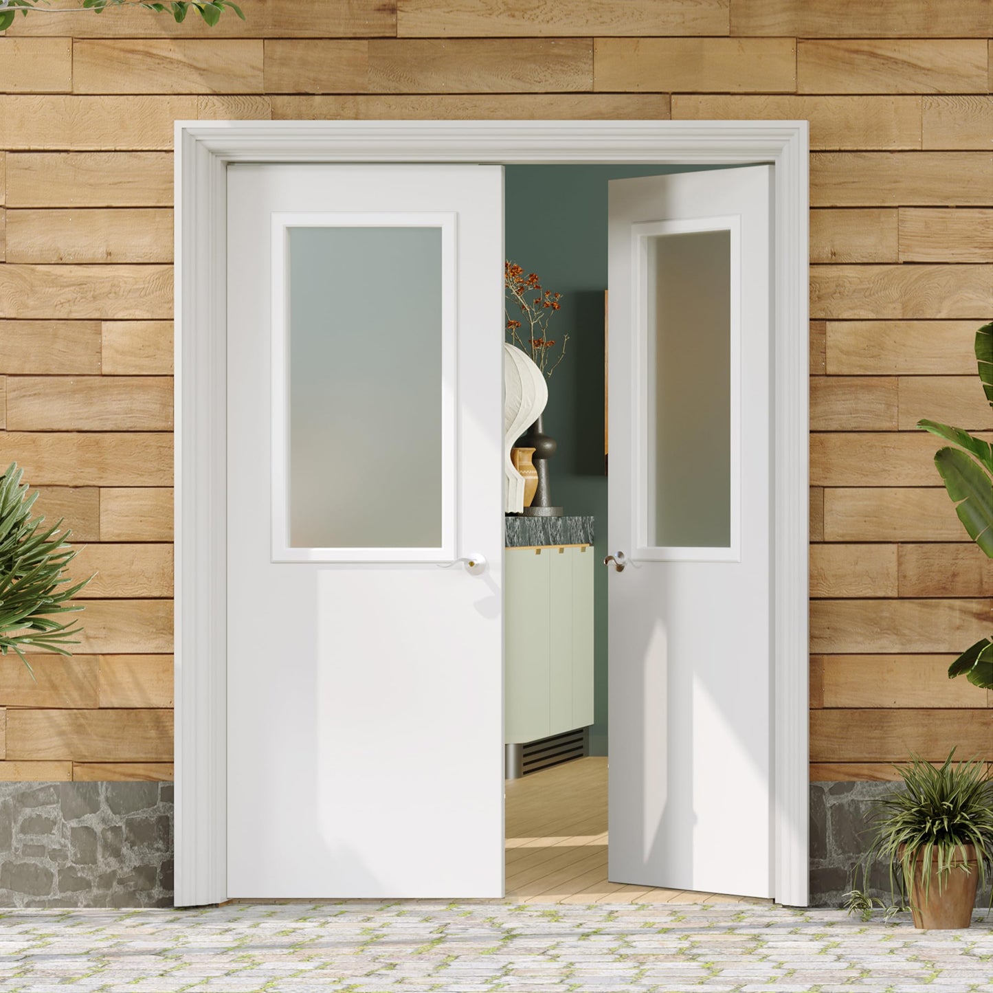 Lakenyon Exterior Doors, 1-Panel Frosted Glass Front Door, 64" x 80", Solid Wood & MDF Entry Doors, Waterproof Primed, Easy DIY Install
