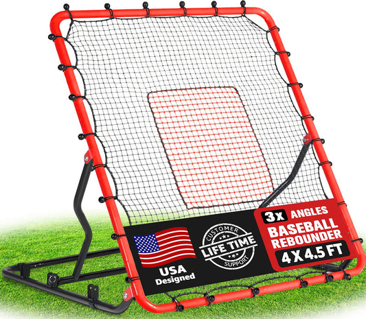 Baseball Rebounder Net, 3 Adjustable Angles 4x4.5FT Pitch Back Baseball Softball Volleyball Rebounder with 2 Strike Zones, UV Resistant, Pitchback Trainer for Ground, Line Drive & Fly Balls