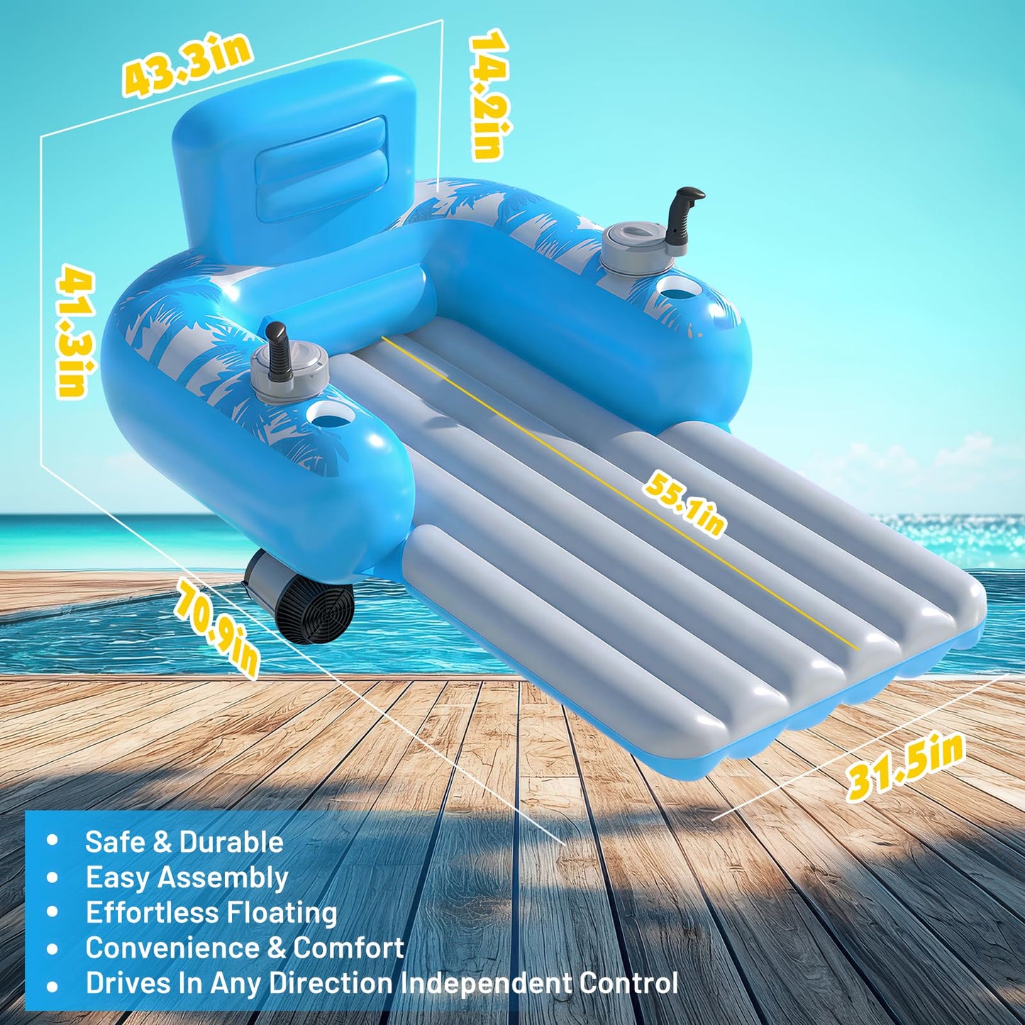 HopeRock Inflatable Motorized Pool Floats for Adults - Rechargeable Pool Lounger with Dual Motors & 2 Storage Compartments, Electric Water Lounger Float, Pool Raft Holds up to250lb, Pool Toys Adults