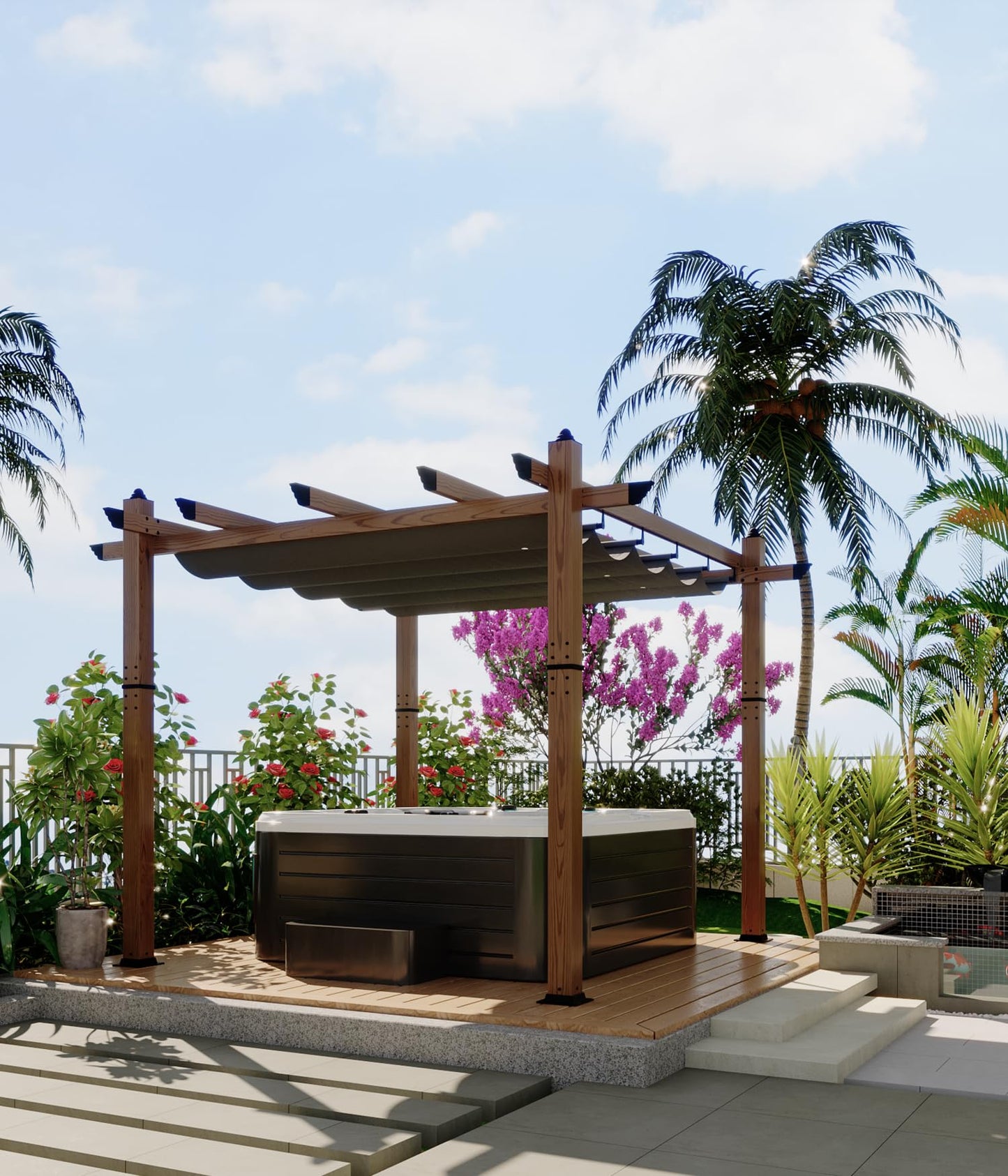 10' X 10' Outdoor Pergola with Retractable Canopy Aluminum Pergola Faux Wood Metal Pergolas Shelter for Backyard, Deck, Patio, Garden Porch Beach Sun Shade Pavilion Grape Trellis Grill, Gray