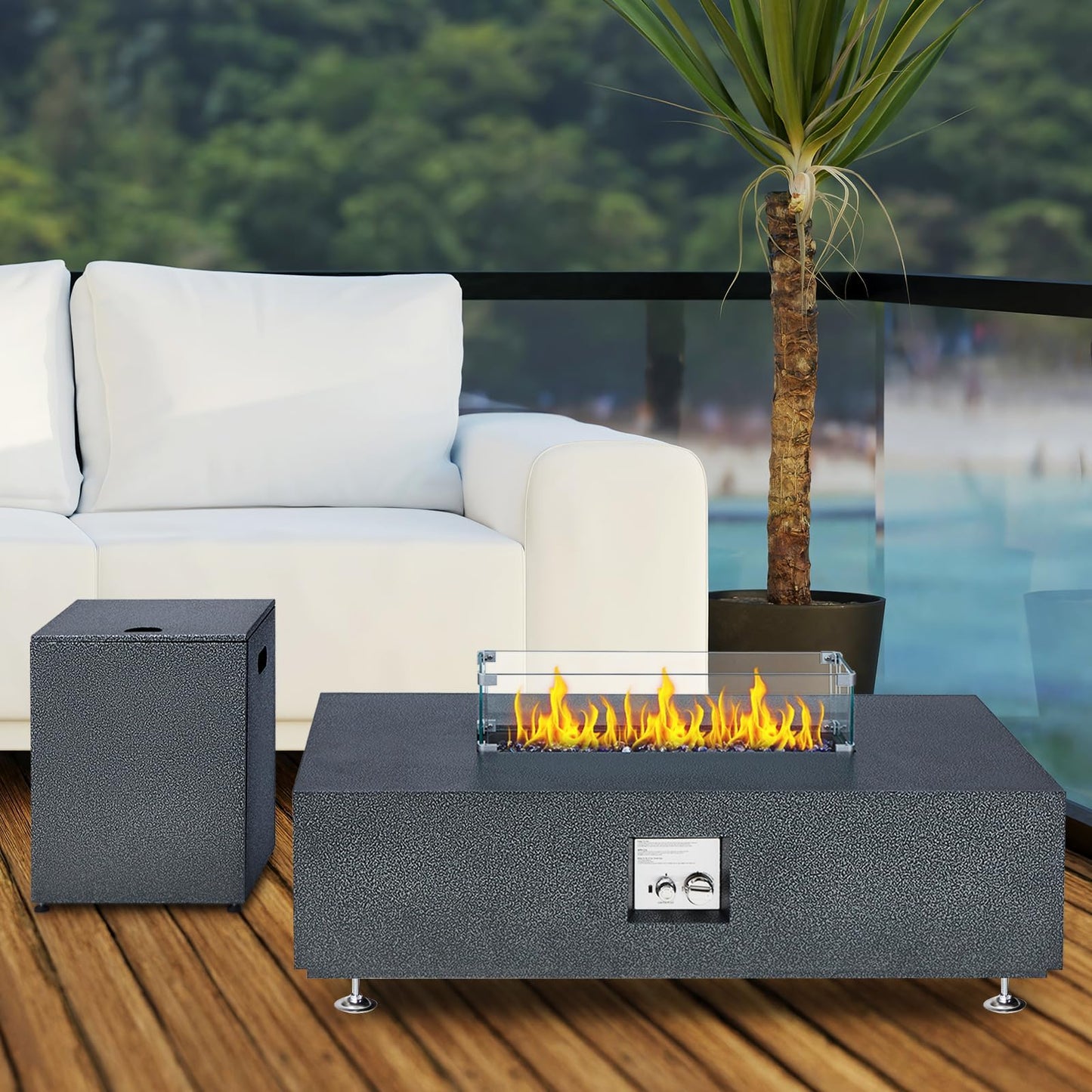 GarveeLife 48 in Outdoor Fire Table, 48 in Rectangle Propane Gas Fire Pit Table, 50,000 BTU Modern Firepit with 16 in Tank Cover Side Table, Wind Guard, Fire Glass, Rain Cover