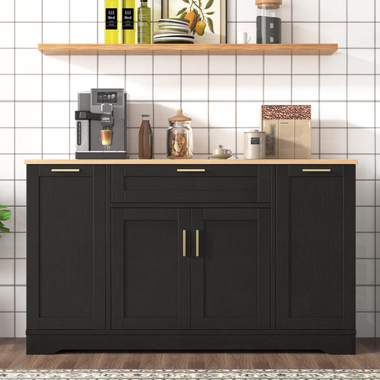 GDFStudio Buffet Cabinet with 3-Tier Pull-Out Rack, Adjustable Shelves, Multi-Functional Storage Cabinet Sideboard Coffee Bar Cabinet, Kitchen Island Storage for Dining Room Living Room, Black
