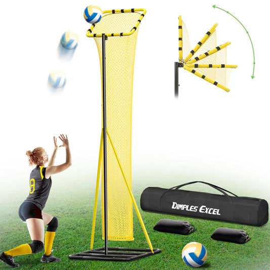 Dimples Excel 10.5 FT Adjustable Volleyball Setter Training Net with 3 Height Levels and 5 Ball Return Angles (70°–180°), Includes Volleyball, Pump, Carry Bag & Sandbags for Indoor/Outdoor Practice
