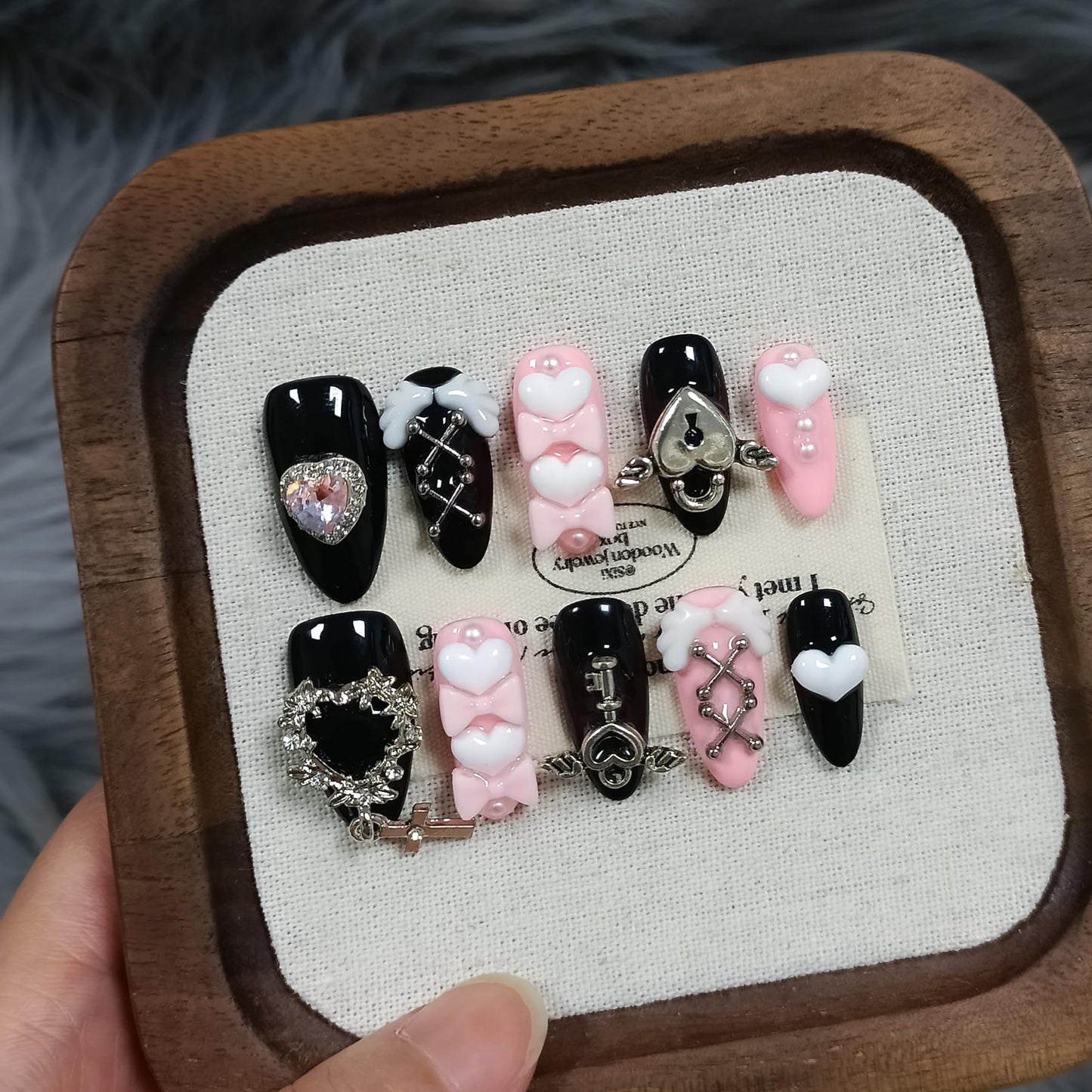 TENPAL 10Pcs Y2K Press On Nails With Tools,Ebony & Pink Almond Fake Nails with 3D Heart Bow & Cross Charms,Glossy Edgy Sweet Cute Nails for Women Girls,Handmade Acrylic Nails for Concert Party(S)