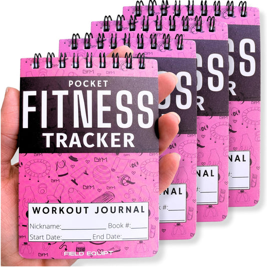 Field Equipt Gym Workout Journal & Fitness Tracker (4 Pack), Handheld Workout Log Book for Women & Men - Ideal for Weightlifting, Cardio, Athletes & Coaches On the Go (Pink)