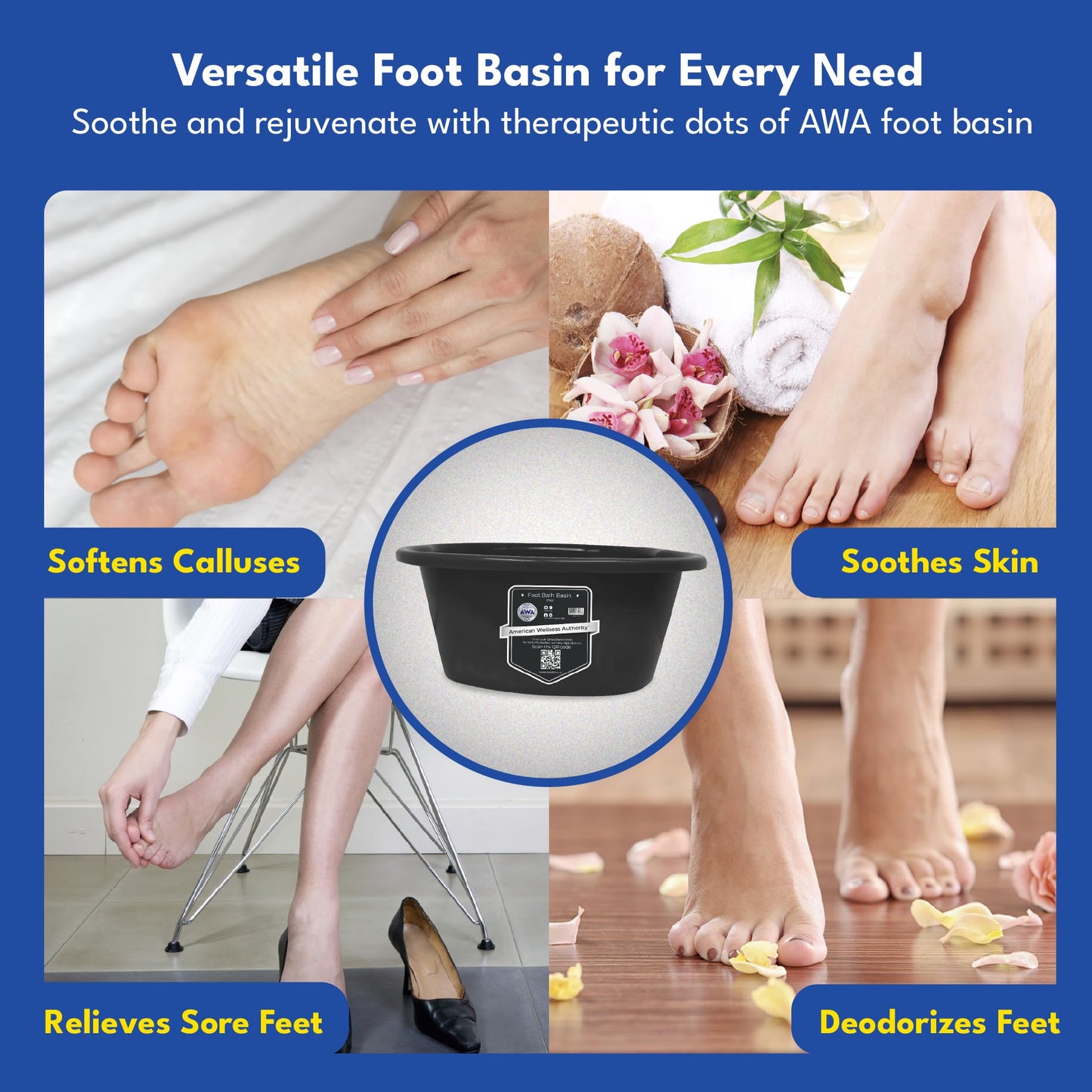 American Wellness Authority AWA Extra Large foot bath basin - Sturdy plastic soak tub For Soaking feet and Pedicure At Home Spa Kit Women Men (Grey Basin), 1.0 Count
