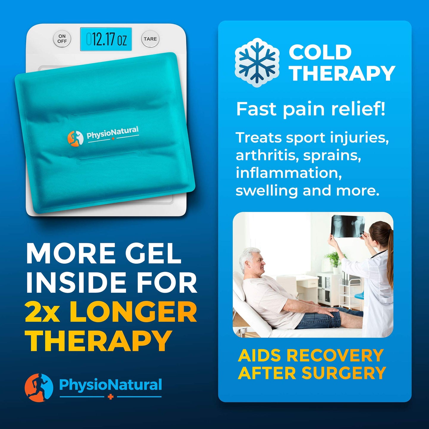 PhysioNatural Ice Pack for Knee Pain Relief, Reusable Gel Ice Wrap for Leg Injuries, Swelling, Knee Replacement Surgery, Cold Compress Therapy for Arthritis, Meniscus Tear and ACL