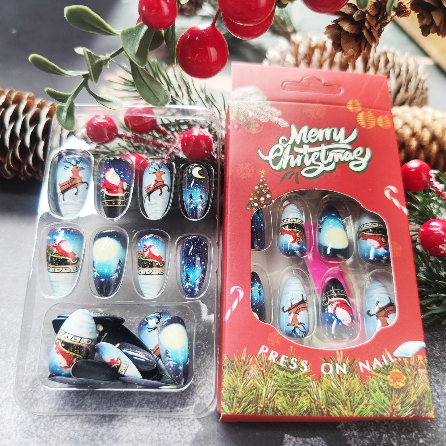 Christmas Press on Nails 24Pcs Reindeer Gel Glue on Nail Santa Claus Medium Almond False Nails Glossy Blue Gradient Acrylic Fake Nail Moon Stick on Fingernails for Women Xmas Gift