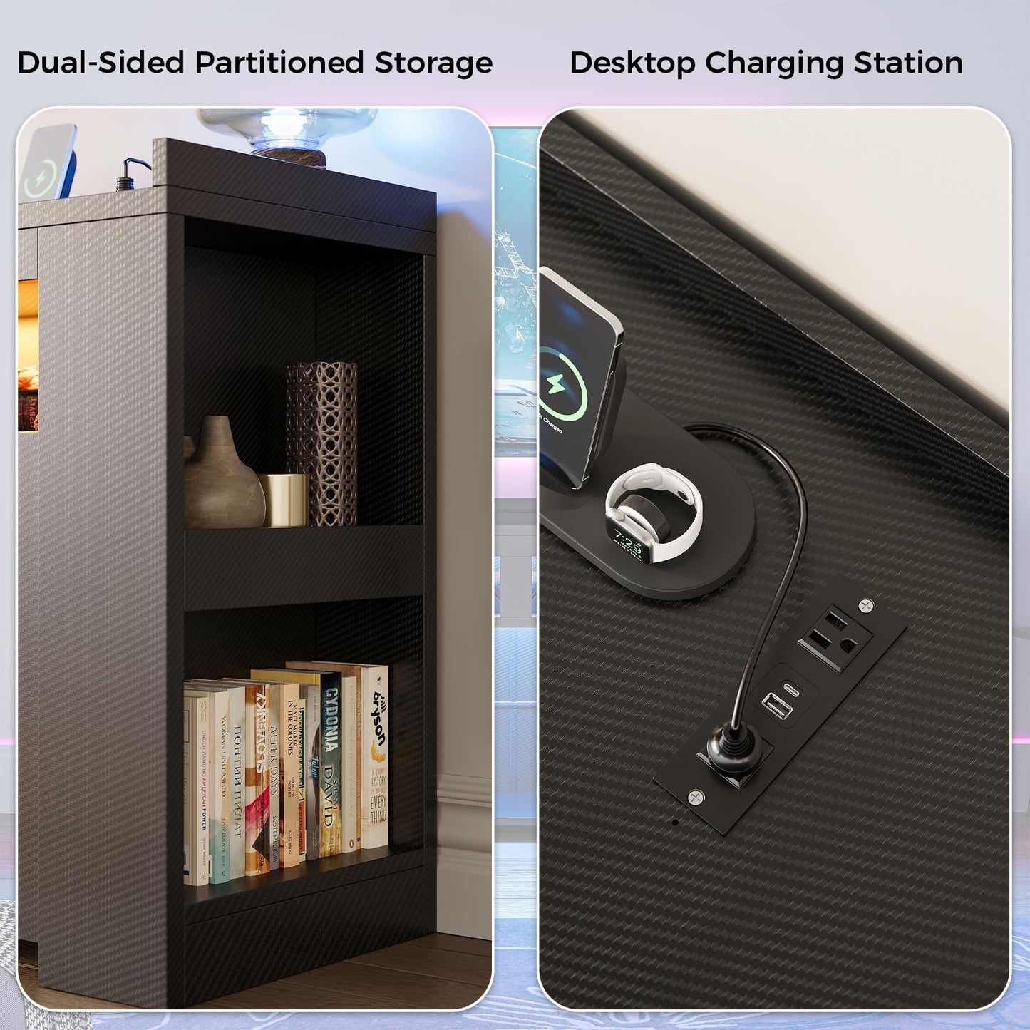 IRONCK TV Stand for TVs Up to 70" with Charging Station, LED Entertainment Center, Modern Carbon Fiber Media Console with Adjustable Glass Shelves & 2 Doors, Organize Your Gaming & Living Room, Black
