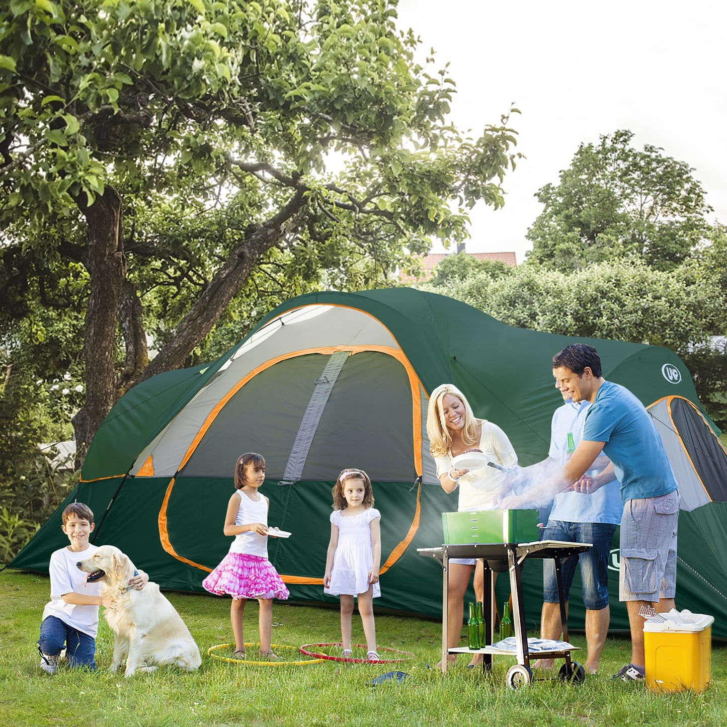 UNP Camping Tent 10-Person-Family Tents, Parties, Music Festival Tent, Big, Easy Up, 5 Large Mesh Windows, Double Layer, 2 Room, Waterproof, Weather Resistant, 18ft x 9ft x78in (Dark Green)