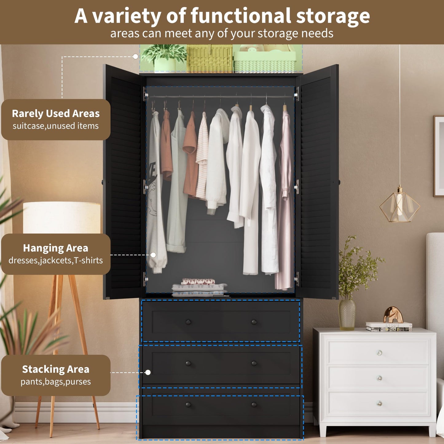 GarveeHome Armoire Wardrobe Closet with Drawers, 69.5 in Wooden Wardrobe Cabinet with Hanging Rod, 2 Doors Clothing Storage Cabinet for Bedroom, Large Capacity Storage, Louvered Door, Black
