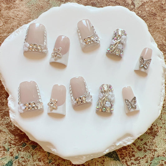NAIL ANGEL 10PCS/SET Glamorous Handmade Press On Nails Leopard Prints Butterfly Rhinestones French Style Duck Nails Party Nails Duckbill Artifical Tips ZJ16/17 (ZJ-17, M)