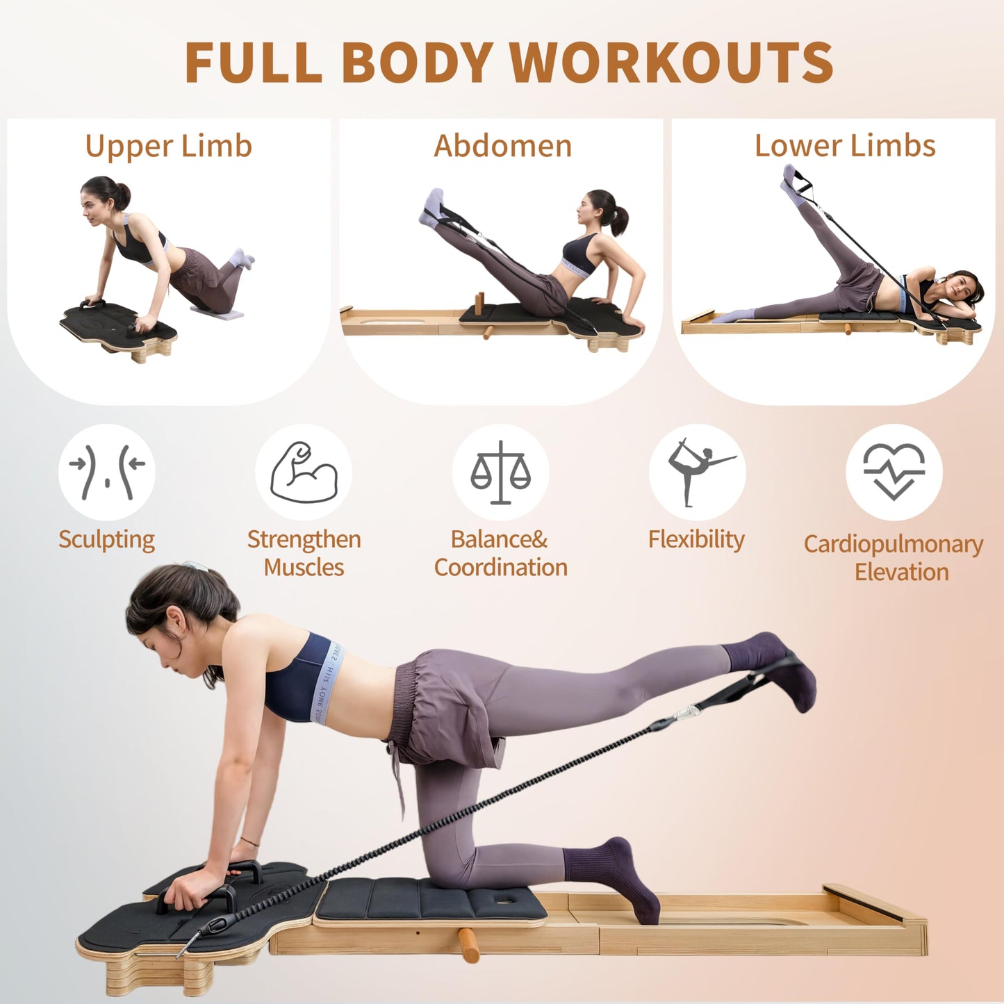 FIRRLUCO Pilates Reformer Machine,Wooden Foldable Pilates Board, Multifunctional Stable Pilates Reformer Board for Home Workout, Three Level Tension Adjustment, 6 in 1 Pilates Equipment for Woman