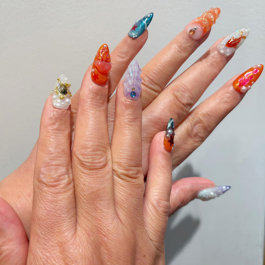 Handcrafted Press On Nails Iridescent Mermaid Ocean Theme 3D Pearl Glitter Goldfish Design 100% Handmade Realistic Artistic Hand Nail Gifts For Women (Mermaid Ocean Shape, Medium M)